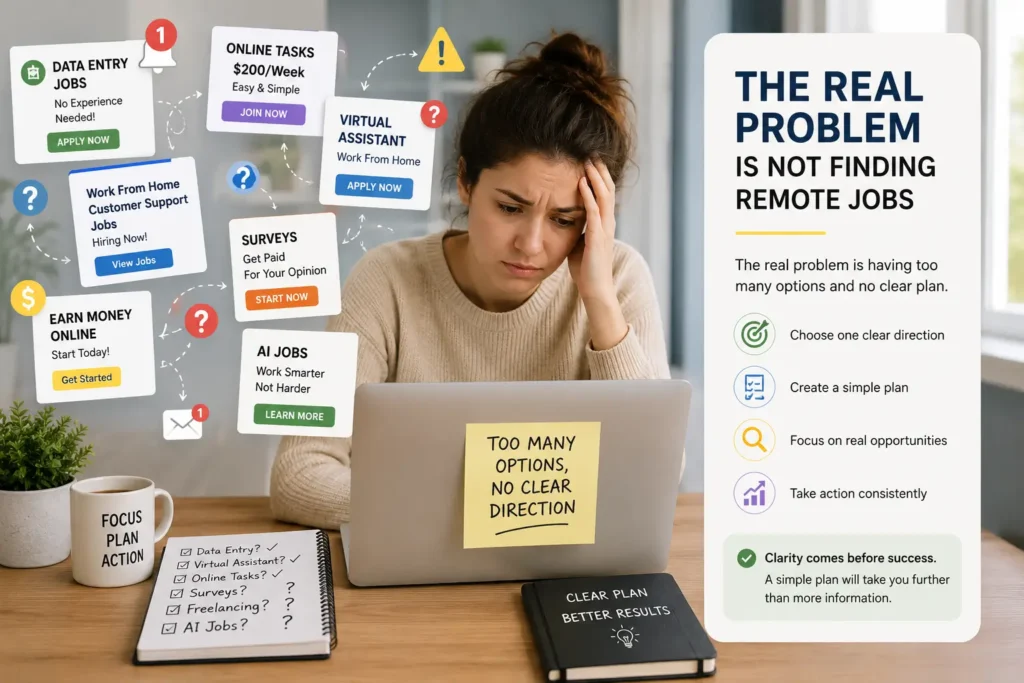 A focused remote job seeker comparing job listings on a laptop, showing that the real problem is not finding remote jobs but choosing the right ones.