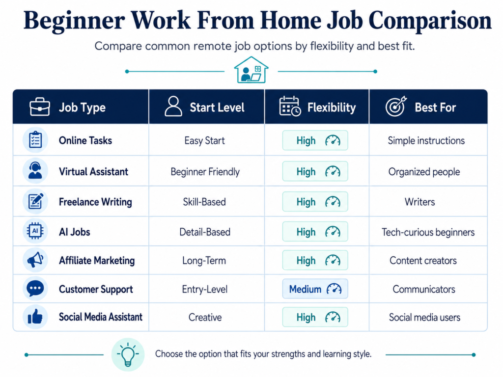 Comparison chart for beginner work from home jobs by skill level, flexibility, and best fit