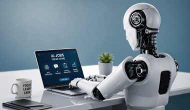 AI jobs from home with a futuristic robot working on a laptop in a modern remote workspace