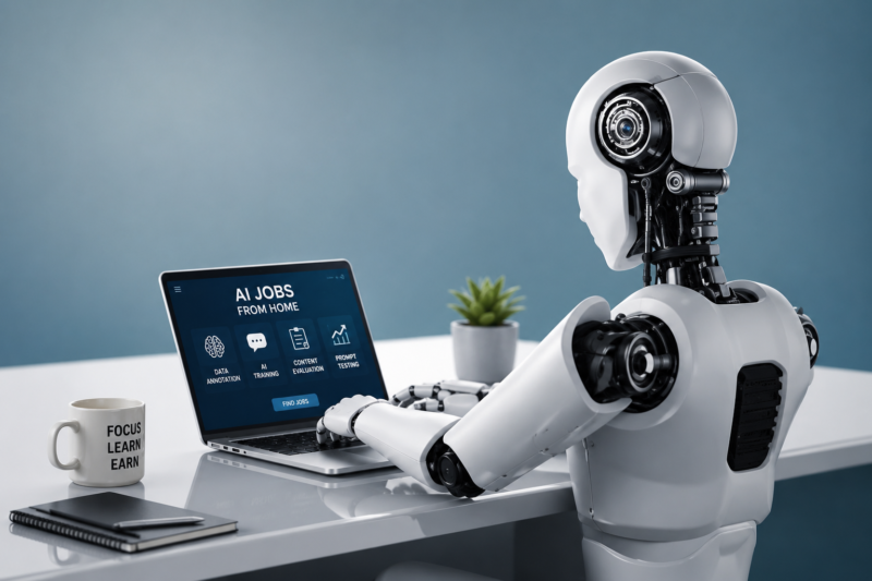 AI jobs from home with a futuristic robot working on a laptop in a modern remote workspace