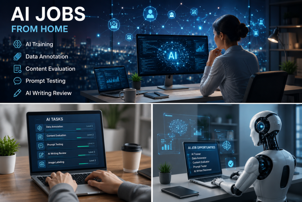 AI jobs from home with a futuristic robot working on a laptop in a modern remote workspace