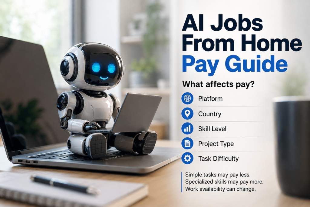 AI jobs from home pay guide showing a small robot on a laptop with key pay factors like platform, country, skill level, project type, and task difficulty