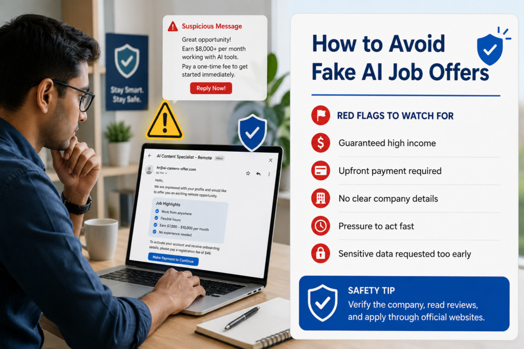How to avoid fake AI job offers infographic showing a person reviewing a suspicious remote job message with common scam warning signs and safety tips