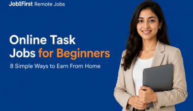 Online task jobs for beginners infographic showing surveys, app testing, website testing, data annotation, research tasks, and product feedback