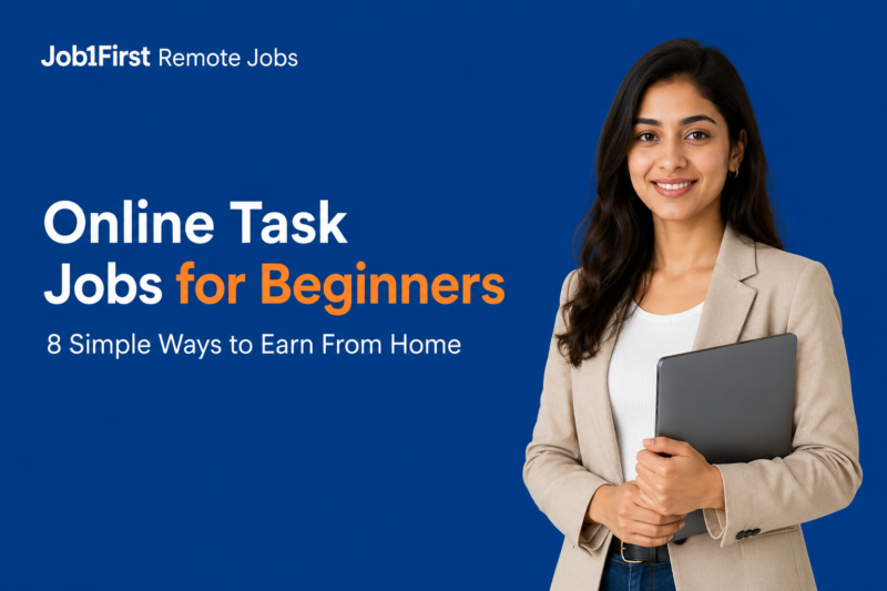 Online task jobs for beginners infographic showing surveys, app testing, website testing, data annotation, research tasks, and product feedback
