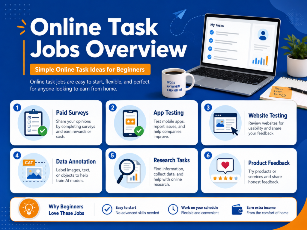 Online task jobs for beginners infographic showing surveys, app testing, website testing, data annotation, research tasks, and product feedback