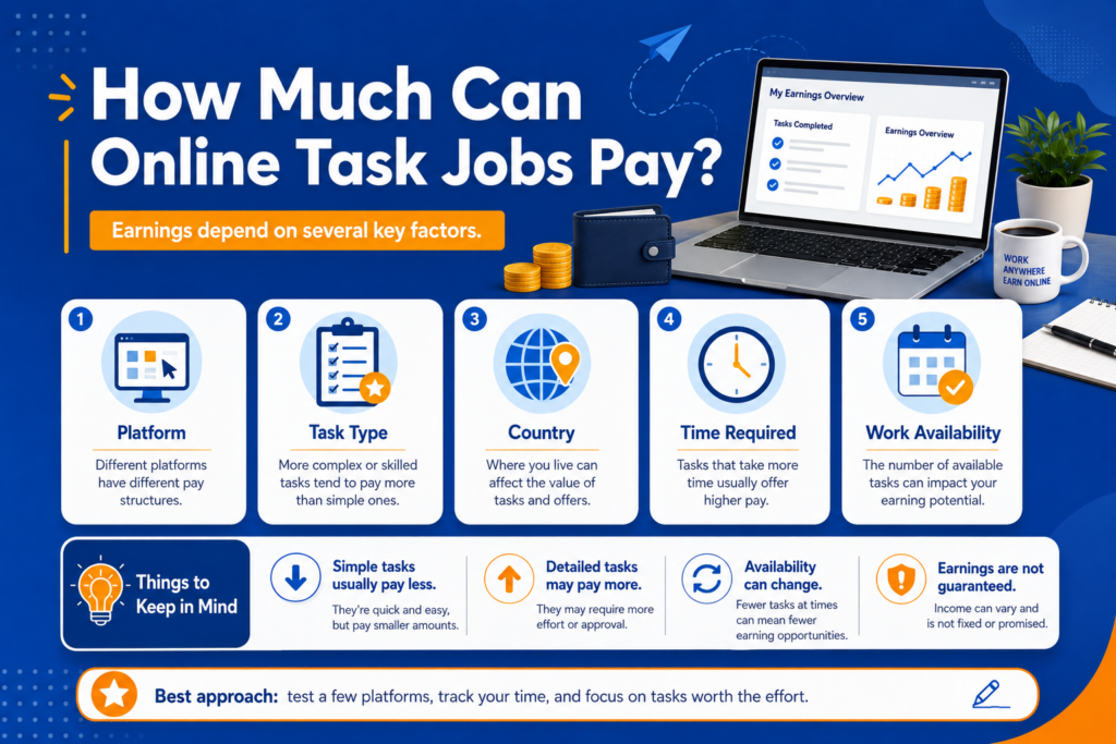 Online task jobs pay guide showing how earnings depend on platform, task type, country, time required, and work availability