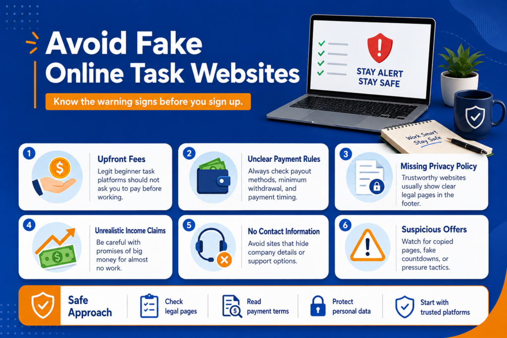 How to avoid fake online task websites with warning signs like upfront fees, unclear payment rules, missing privacy policy, and unrealistic income claims