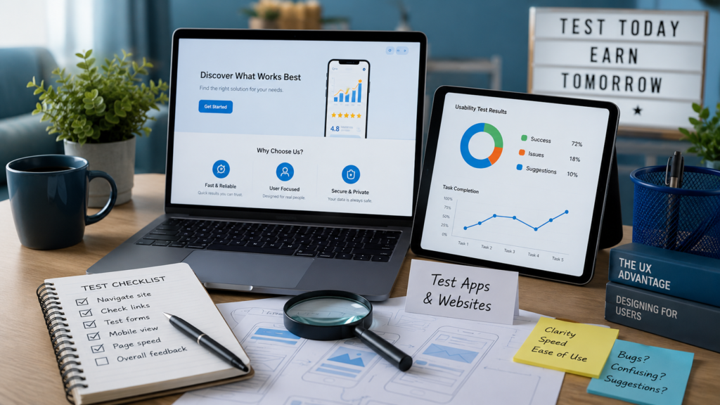 Modern workspace for app and website testing with laptop, tablet, checklist, and usability feedback notes