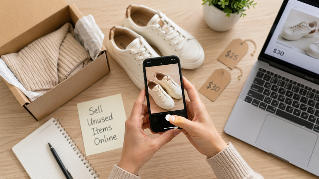 Person taking product photos of white shoes with a smartphone to sell unused items online from home