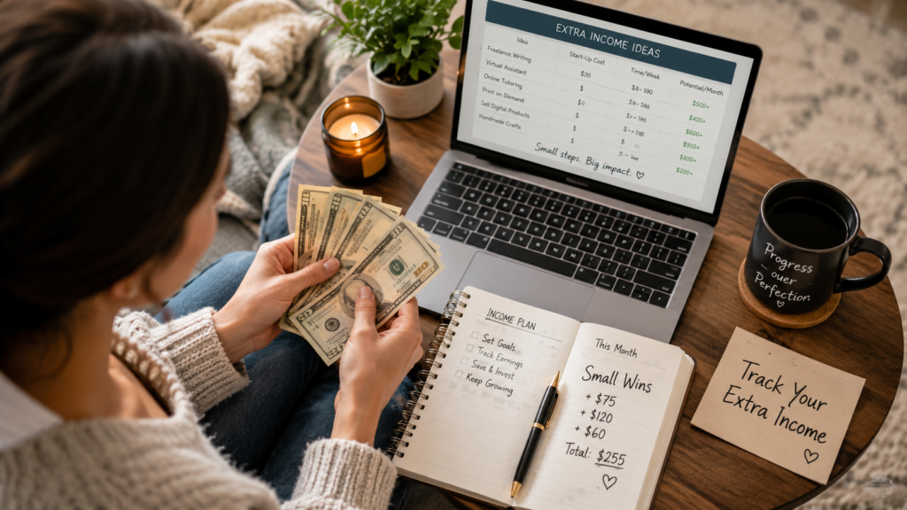 Cozy home workspace showing extra income planning, cash tracking, laptop, and beginner-friendly money goals