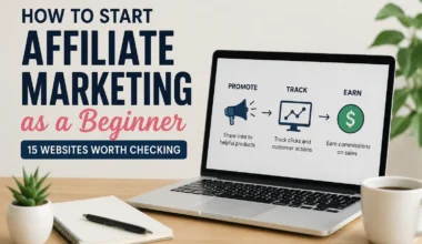 Simple affiliate marketing beginner guide image showing a laptop workspace with promote, track, and earn steps for learning affiliate marketing.