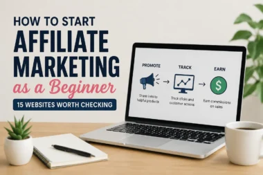 Simple affiliate marketing beginner guide image showing a laptop workspace with promote, track, and earn steps for learning affiliate marketing.