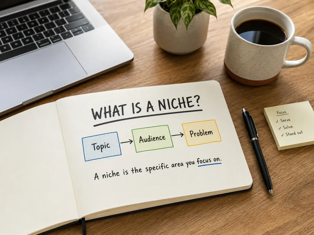 A clean desktop workspace with a notebook, laptop, and simple niche strategy notes, representing the first step in understanding what a niche means before choosing an online business direction.