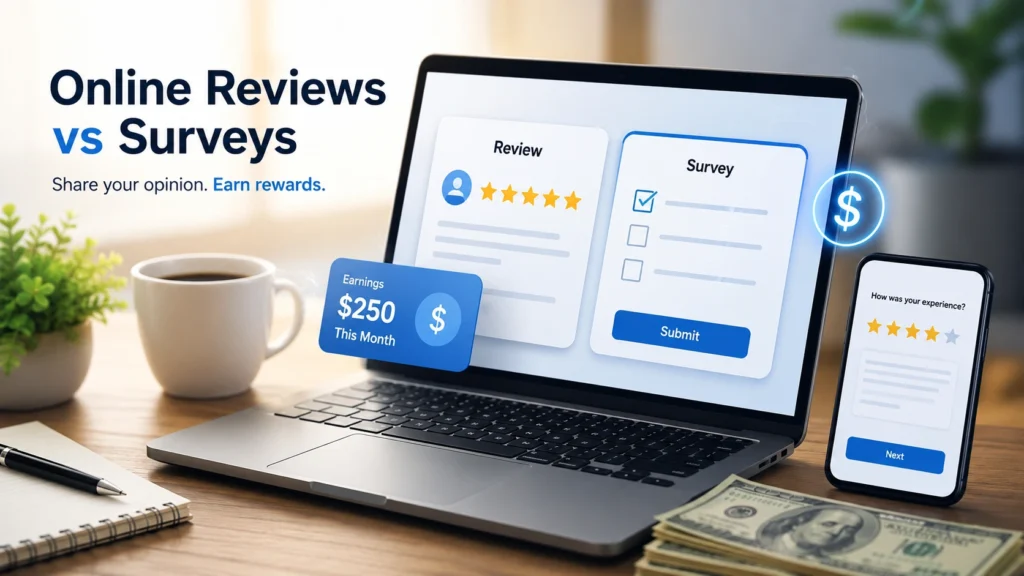 Online reviews and customer surveys concept showing people giving feedback, star ratings, and mobile survey forms